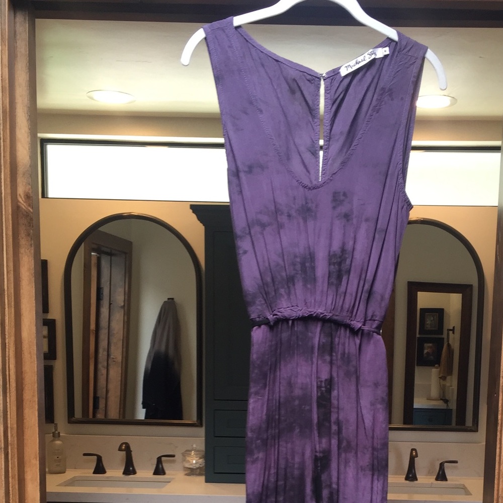 Purple/black tye dye jumpsuit.